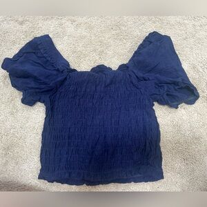 Monteau Navy Blouse with Ruffled Sleeves